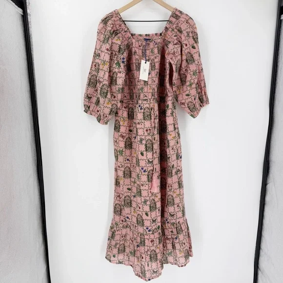 NWT Printfresh Florence Dress Gilded Greenhouse Print L Organic Cotton Midi Pink - Picture 2 of 10